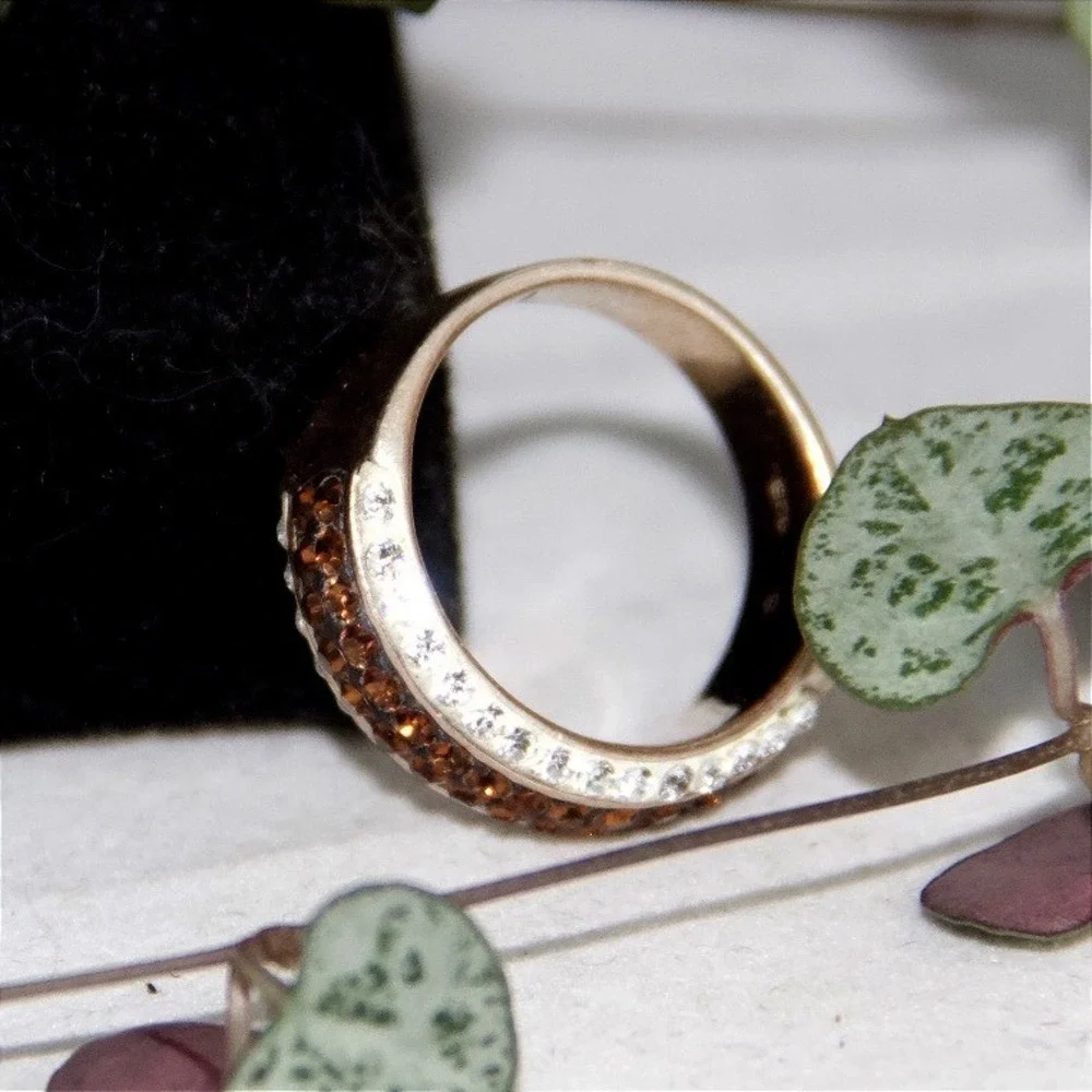 Sterling Silver Cognac and Clear Crystal Pavé Wide Band Ring Size 7